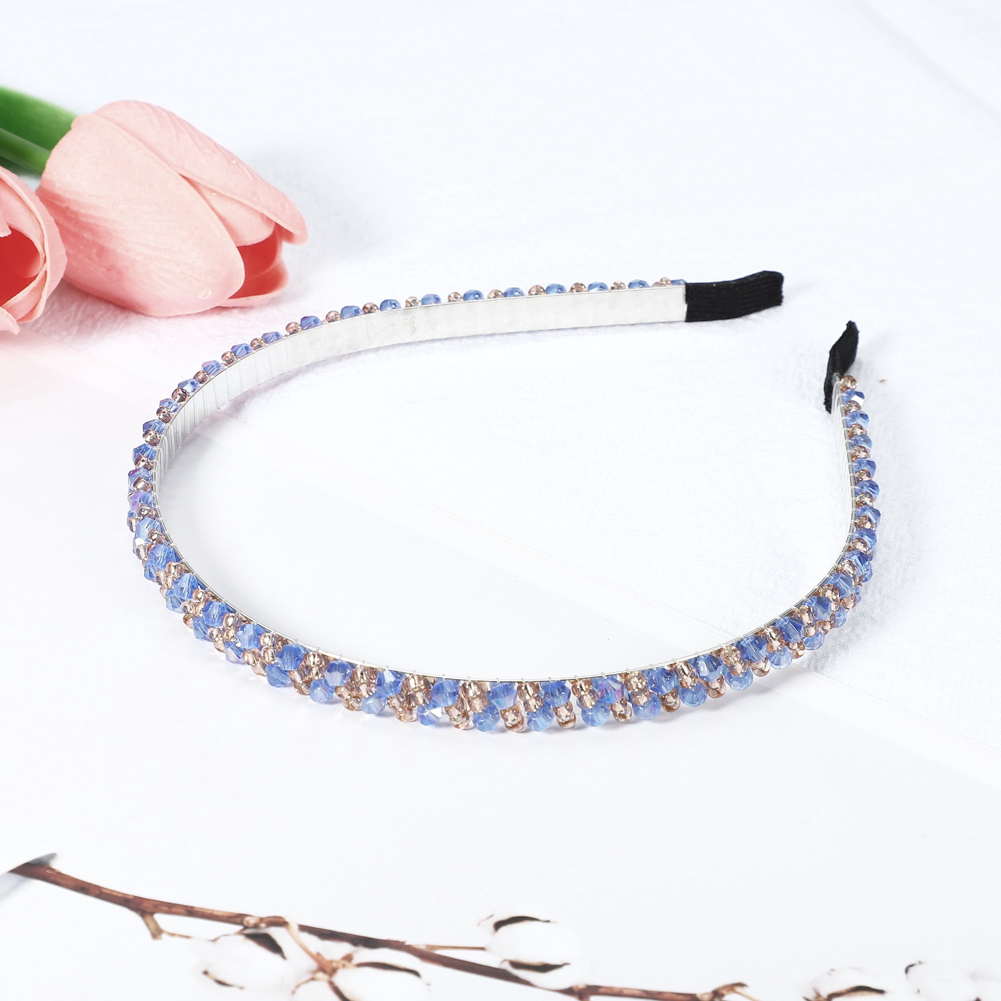 Unique Bargains 1 Pcs 2 Rows Rhinestone Headband Hairband for Women 0.31 Inch Wide Blue