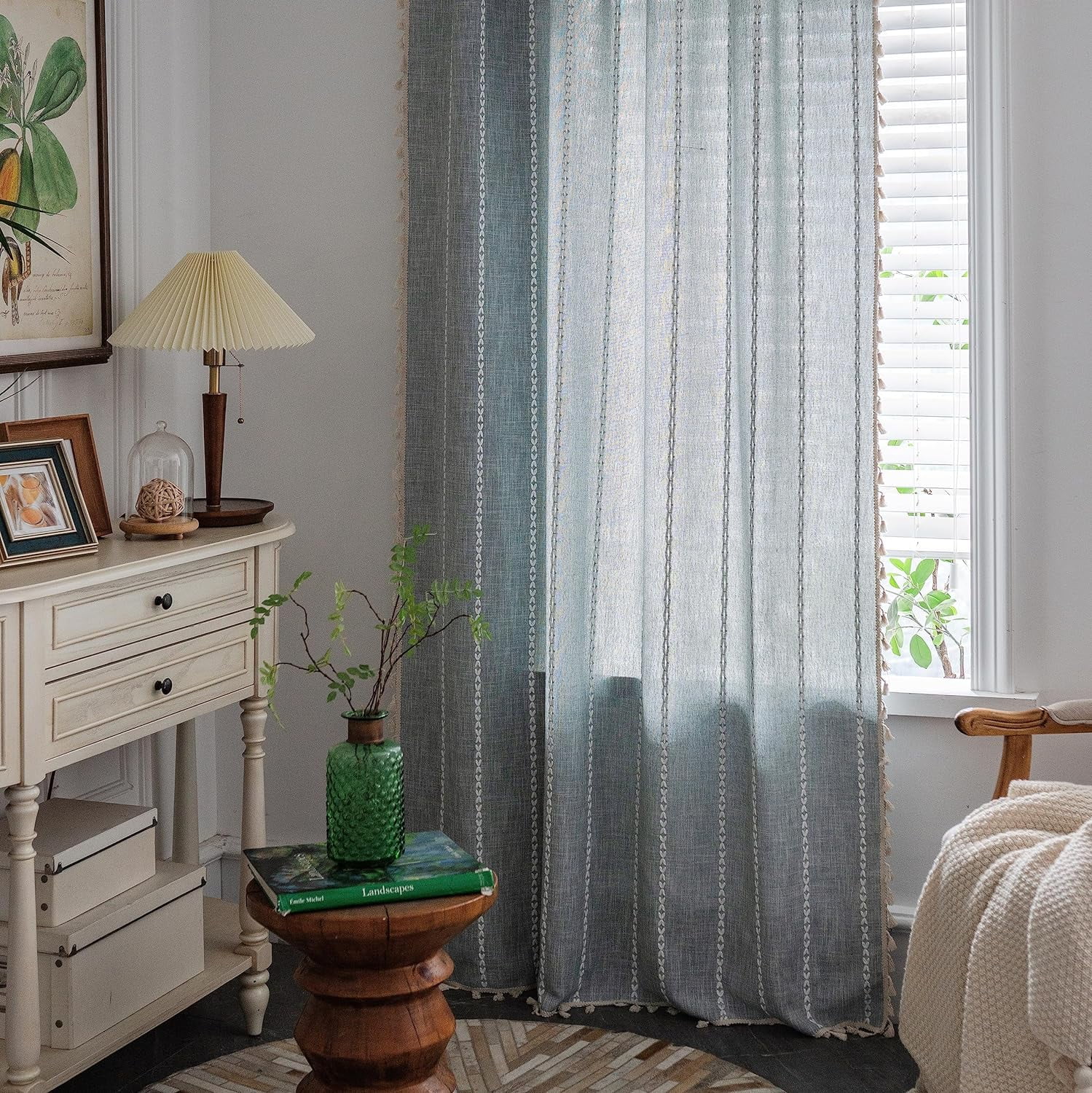 Psoiuetr Blue Boho Curtains for Bedroom Living Room Linen Cotton Embroidered Semi Blackout Farmhouse Window Treatment Drape Vintage Tassels Rod Pocket 1 Panel 52" W x 84" L