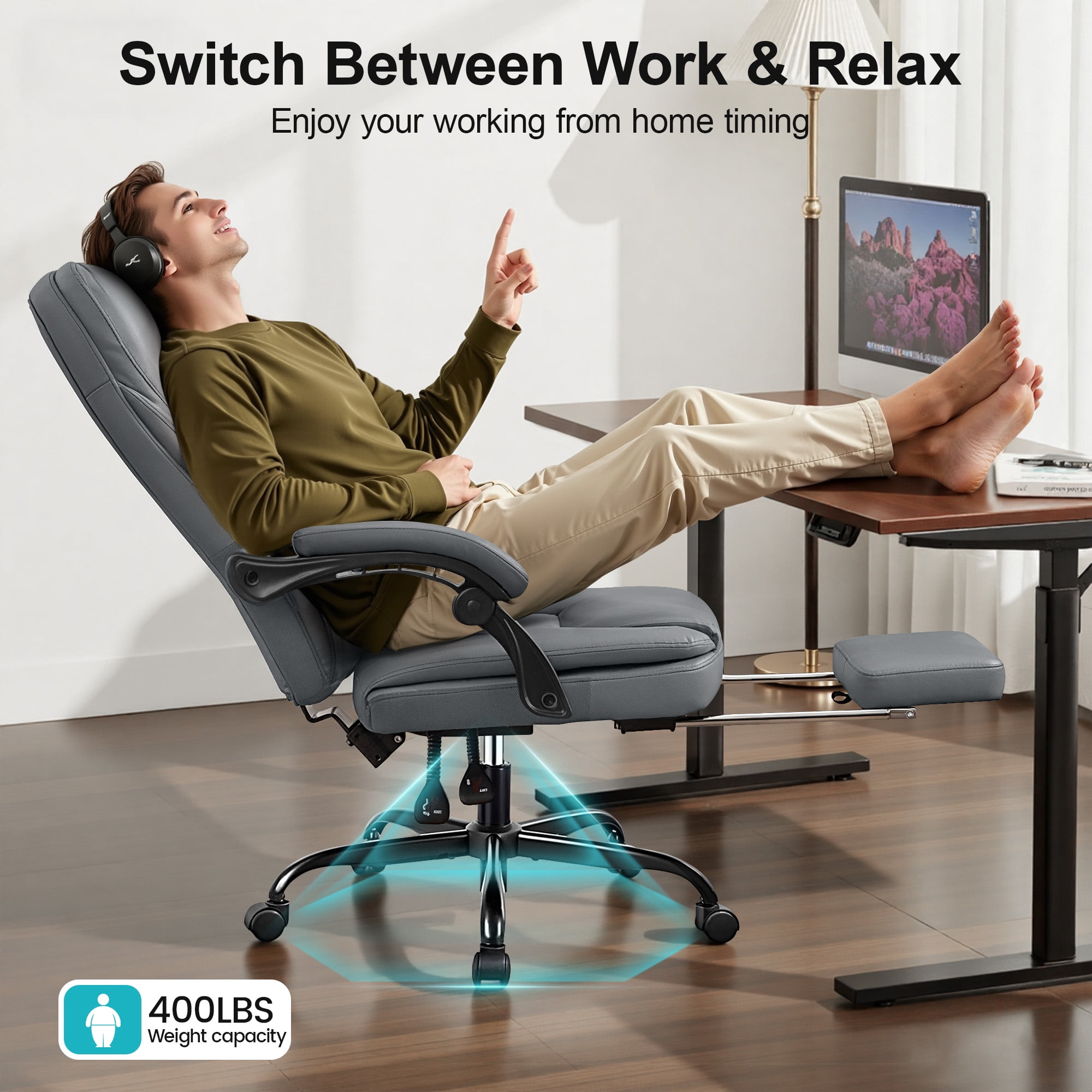 COOLHUT Executive Office Chair, Big and Tall Office Chair with Footrest Reclining Faux Leather Chair High Back Lumbar Support Ergonomic Office Chair with Padded Armrests, Gray