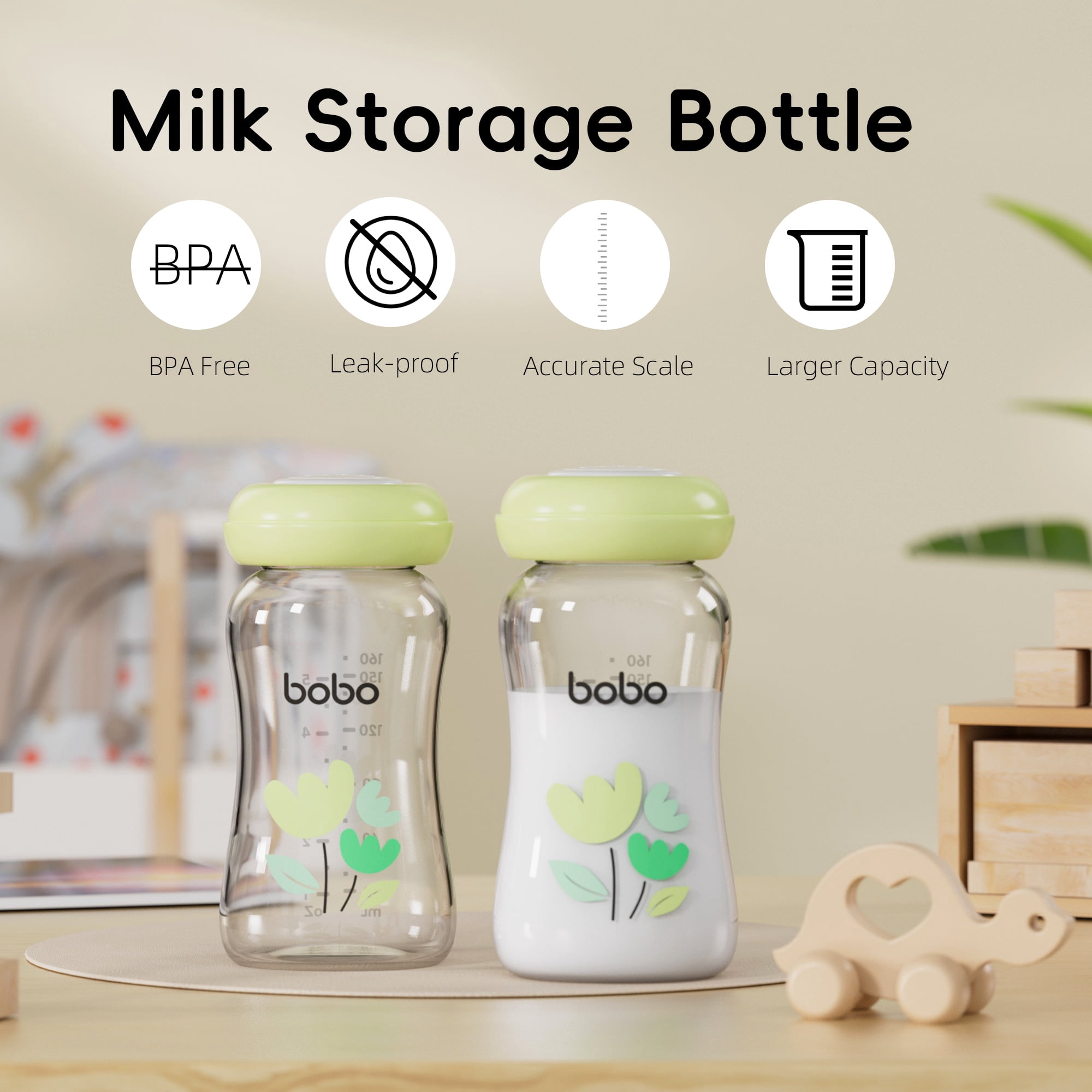 YOHKOH 5.4oz Glass Breast Milk Storage Bottles,Portable,BPA-Free,4Pk,Green