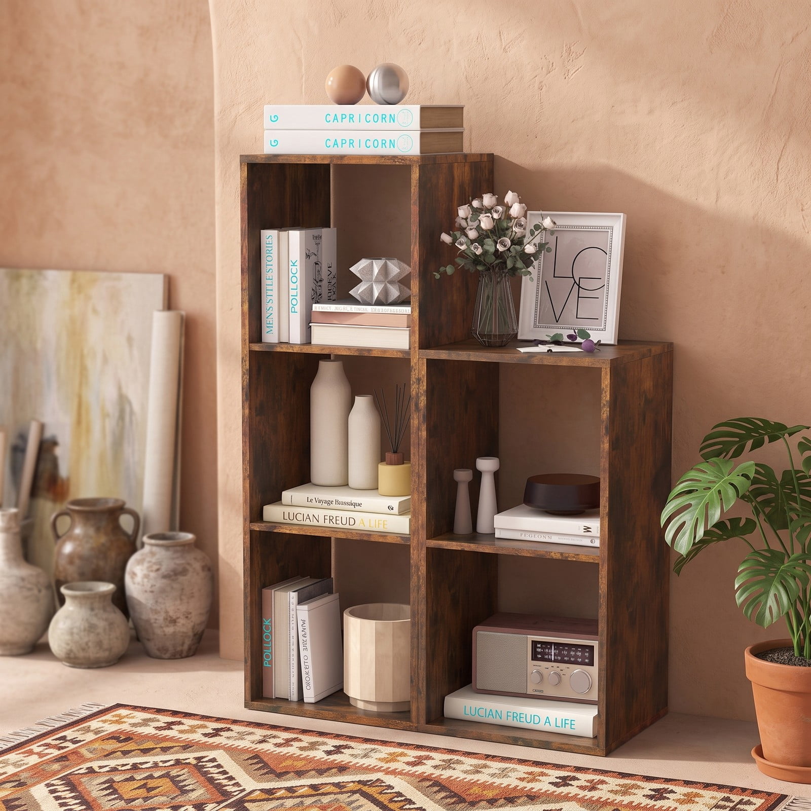 Furnibear 3 Cube Bookshelf with Back Guardrail, Engineered Wood Cube Storage Organizer Bookcase Display Shelf for Living Room Bedroom Home Office with, Brown