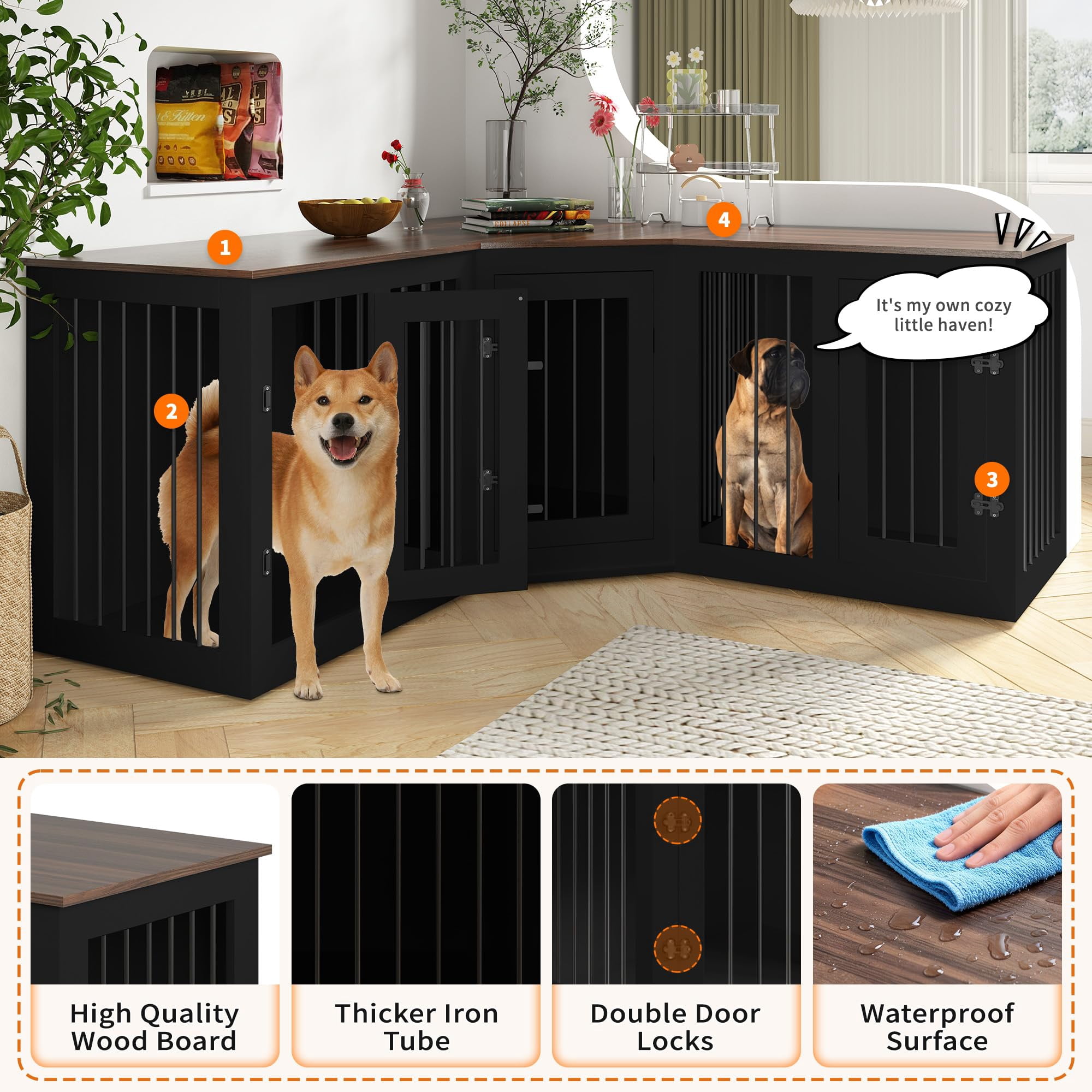 Large Dog Crate Furniture for 3 Dogs, Corner Dog Crate with Divider, 3 in 1 Heavy Duty Indoor Wooden Dog Kennel Furniture