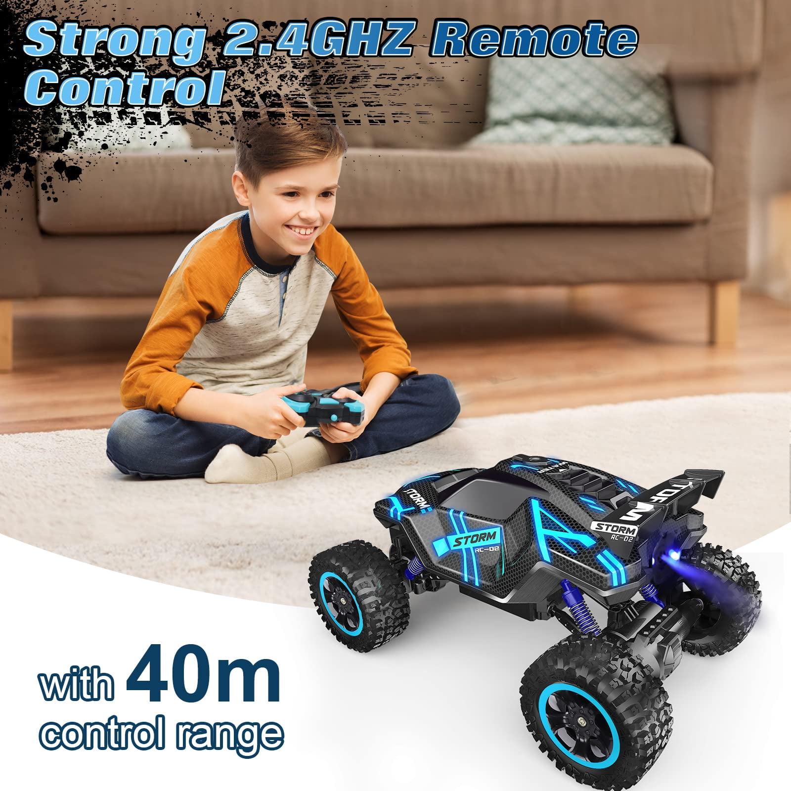 HNH 1:16 RC Car Remote Control Car, RC Monster Truck with Lights and Spray Function, All Terrain Off Road RC Monster Vehicle Truck for Kids, 2400Mah Battery
