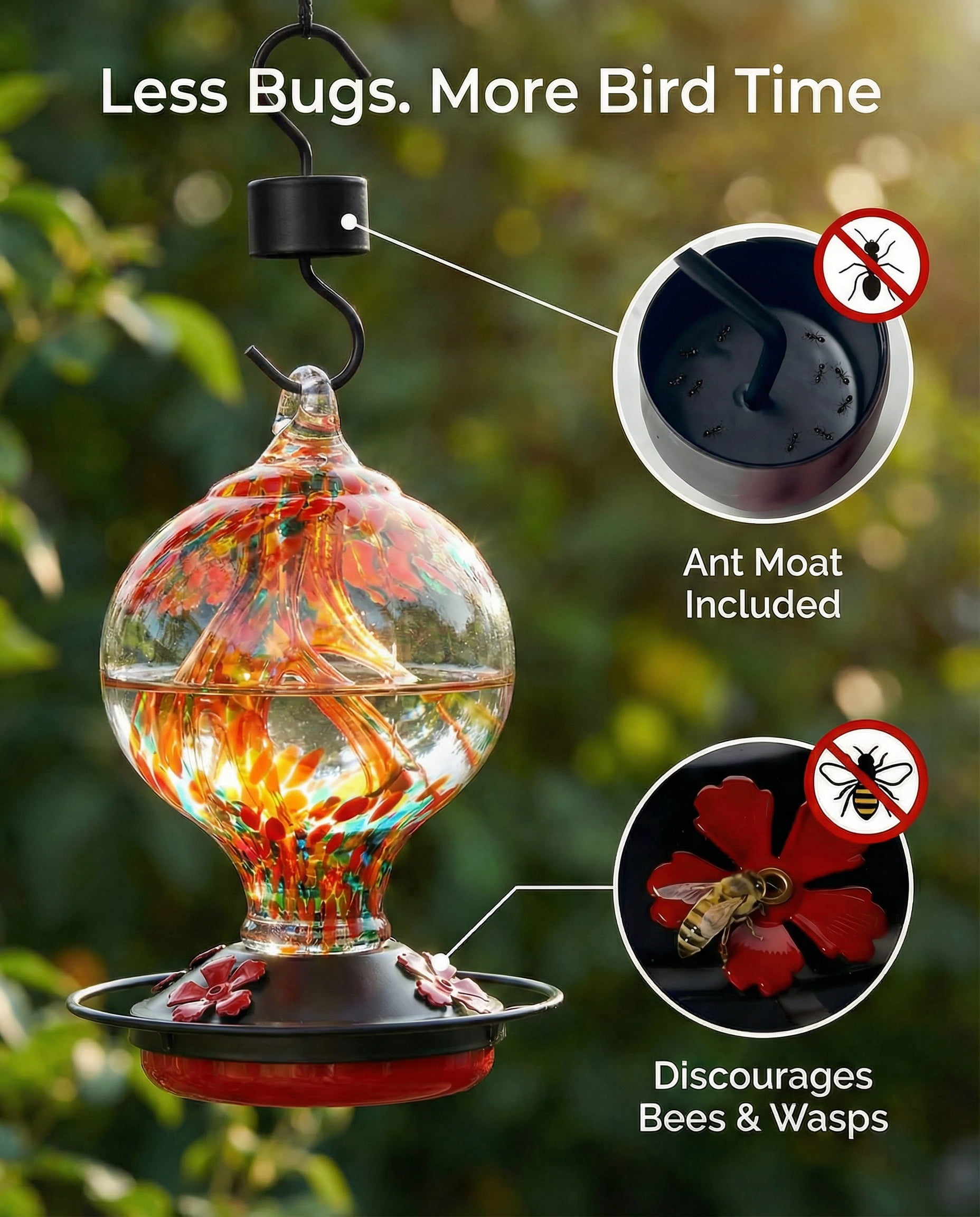 Novoto Hummingbird Feeder for Outdoors Hanging, 34 Oz, Hand Blown Gift Inner Glass Décor for Garden, Ant Moat & Bee-Resistant Ports, Decoration Stained Humming Bird Feeders, Sunset Red