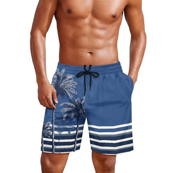 Yuyamidu Mens Swimsuit, Quick Dry Blue Palm Tree Striped Board Shorts Casual Beach Bathing Suits for Summer Surf Swimming Man S