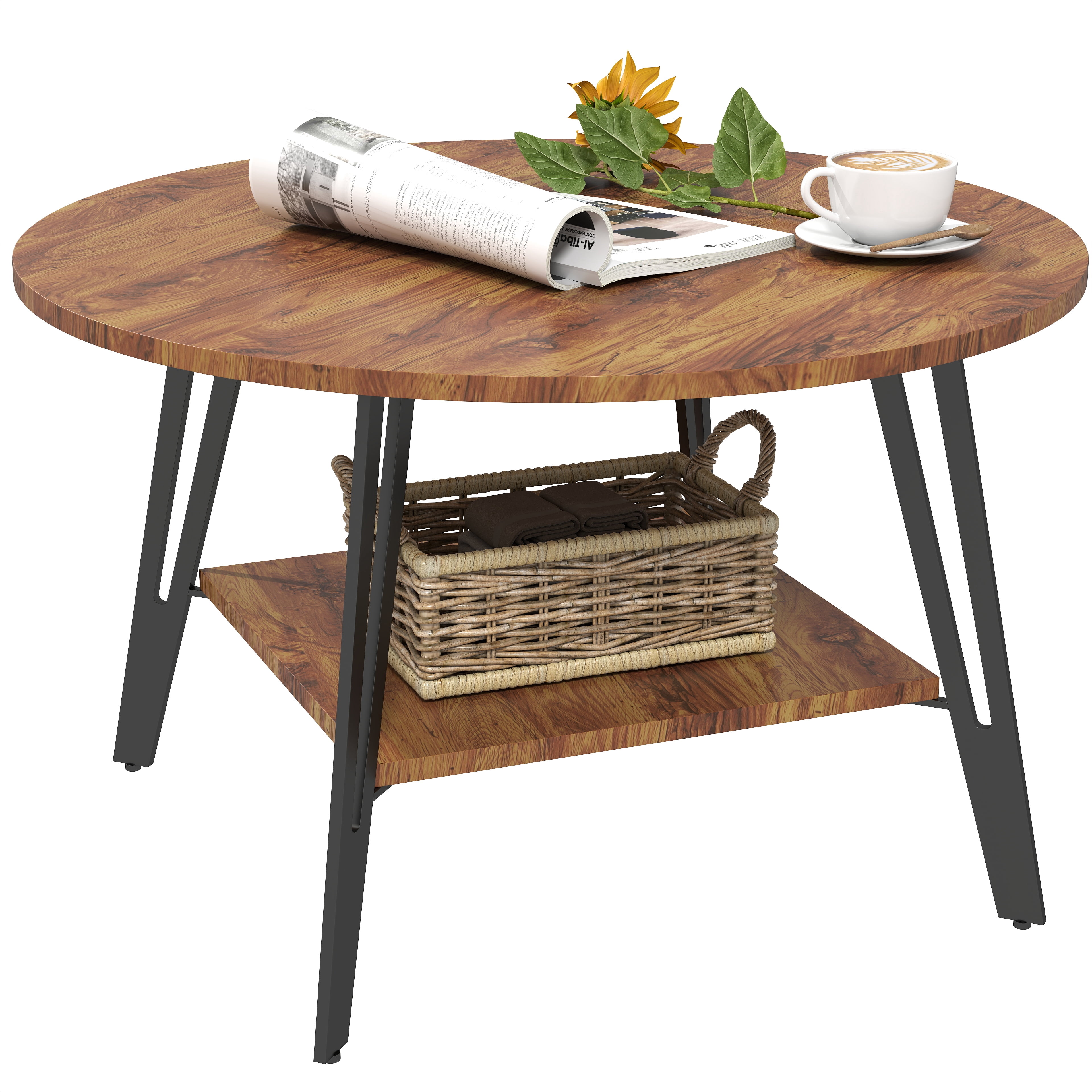Manxile Round Coffee Table with 2 - Tier Storage, Wood Coffee Table with Metal Legs, Modern Rustic  Center Table for Living Room, Red Brown