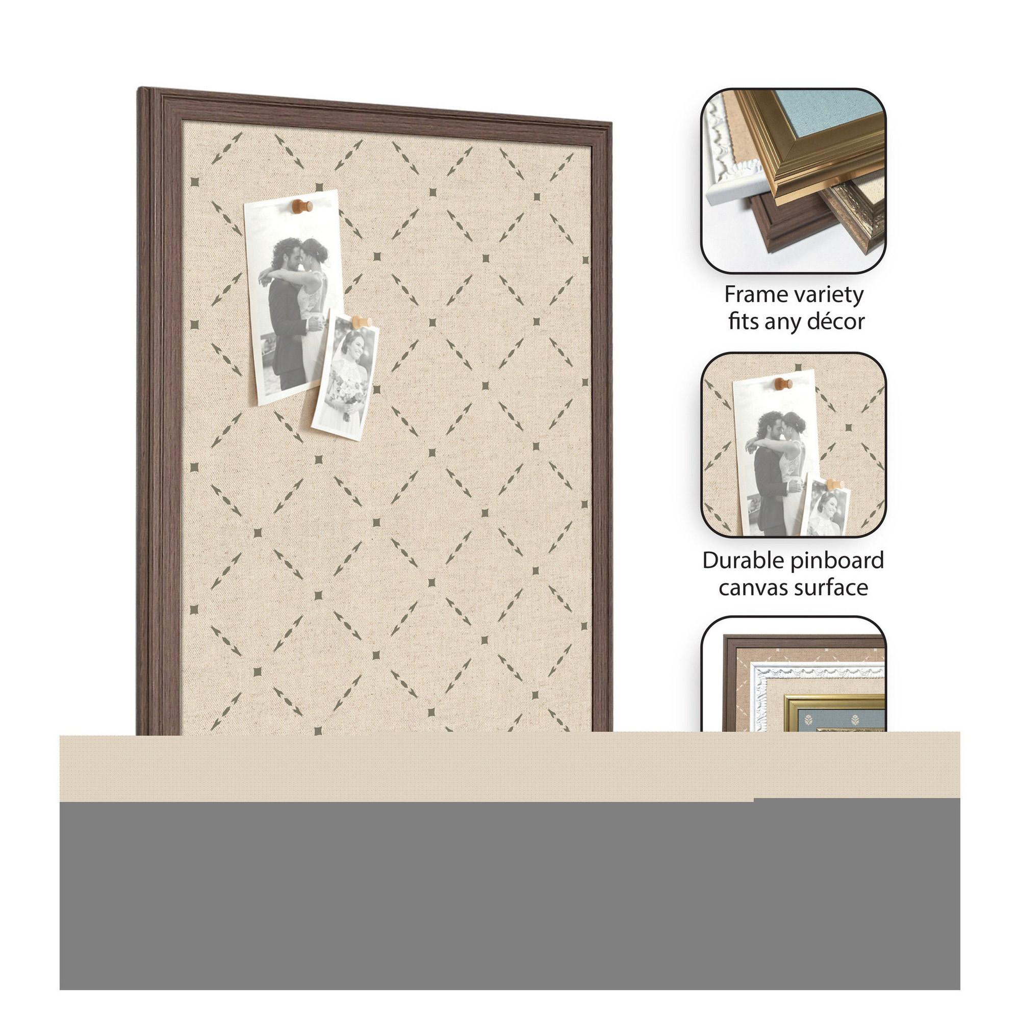 Kate and Laurel Framed Fabric Pinboard 26 x 20, Green Lattice Pattern Printed Linen Classic Bulletin Board for Use as a Vision Board or Wall Organization, Florence Light Brown Frame