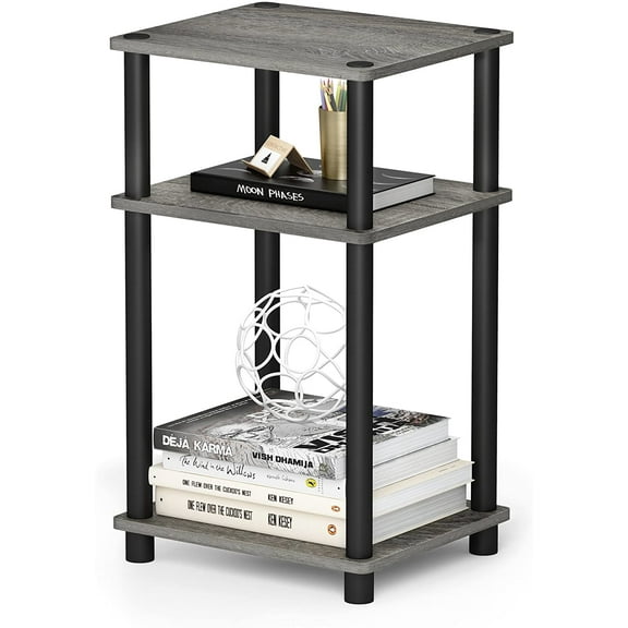 JUST Side Table, 3-Tier Open Shelf End Table, Toolless Assembly Night Stand, Bedside Table with Square Tube, for Living Room, Bedroom, Amber Pine