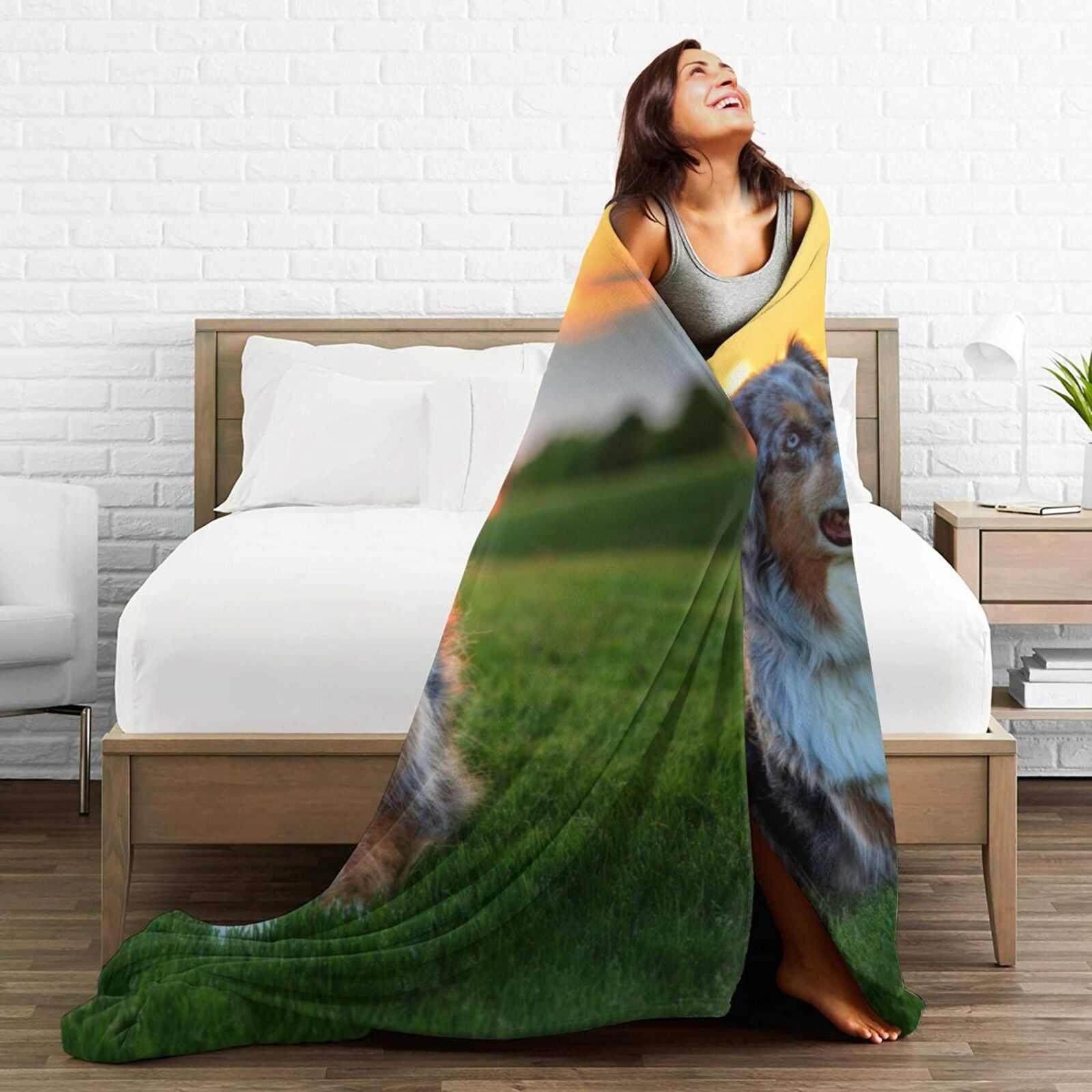 Wijzvio Australian Shepherd Dog Throw Blanket Soft Fuzzy Fleece Blanket For Couch Bed Living Room Decoration 60"X50"