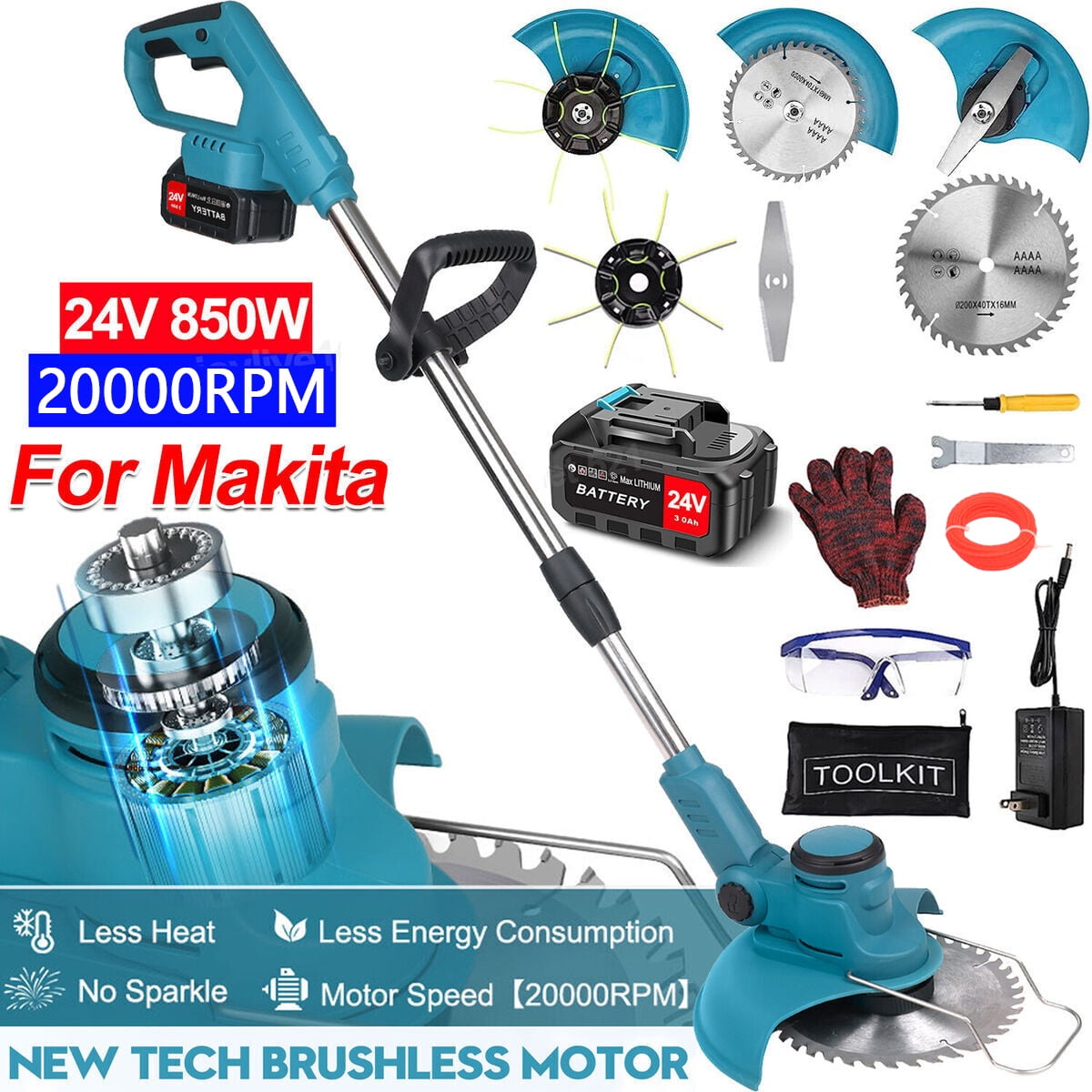 Electric Cordless Weed Eater,24V 850W Cordless Weed Wacker String Trimmer, Grass Trimmer with Rechargeable Battery, Blue
