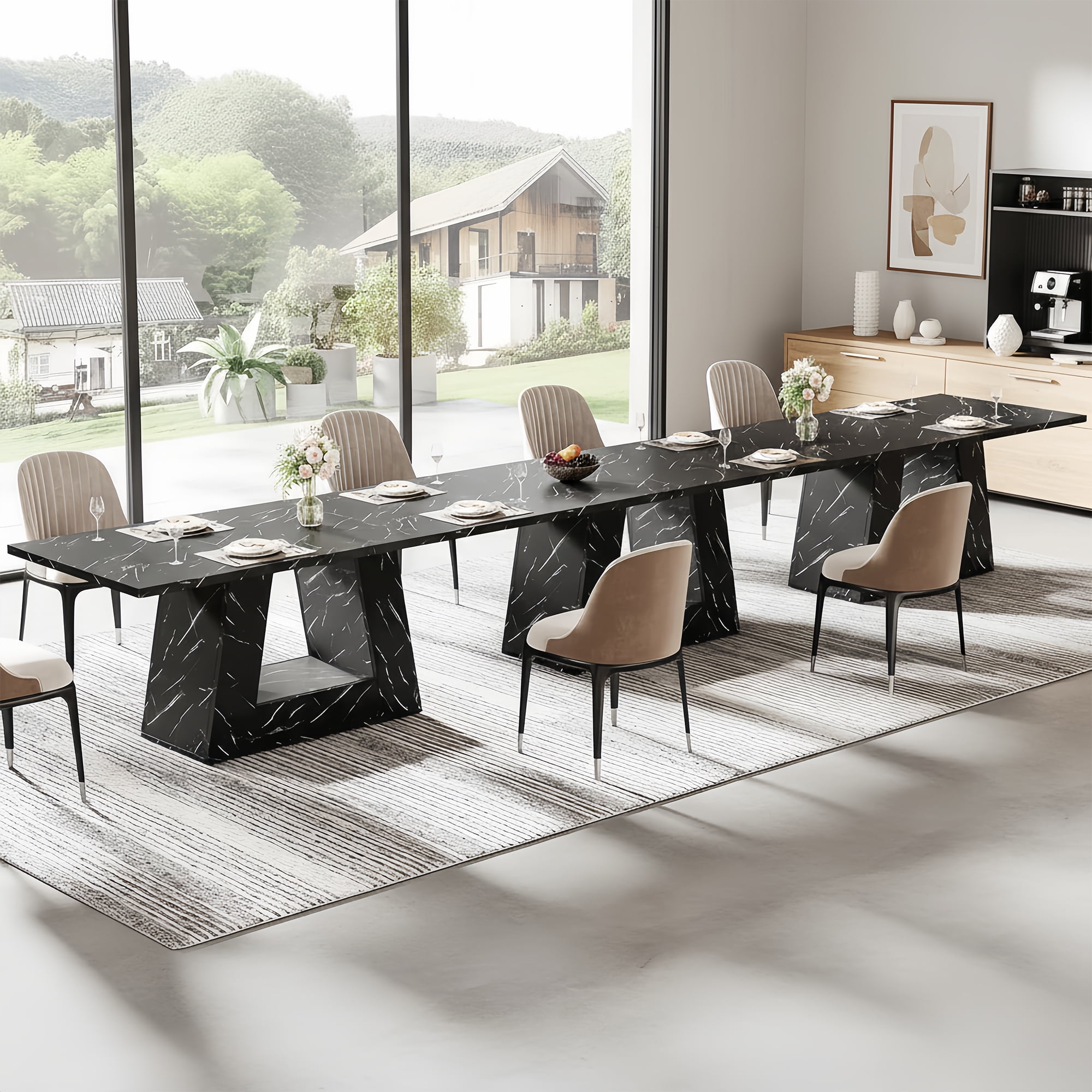 Modern Black Faux Marble Dining Table, 63" Rectangular 4-6 Seater Wood Table with Sturdy Base, Kitchen Living Room Dinner Table
