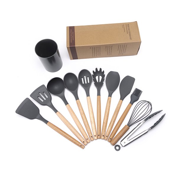Utensilios de cocina de silicona, 12 piezas, sartén antiadherente, utensilios de cocina, espátula con mango de madera, cuchara para sopa, raspador, traje
