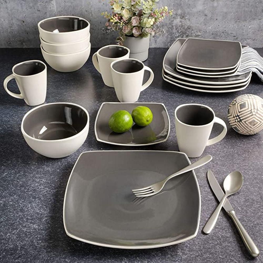 Gibson Elite Soho Lounge Square 16 Piece Stoneware Dinnerware Set, Grey/White