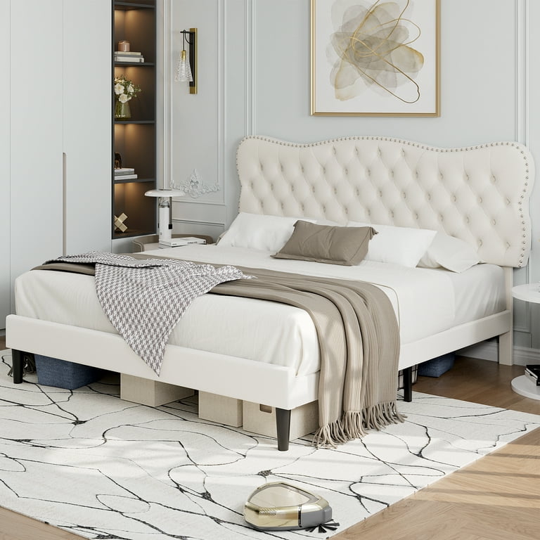 Headboard Upholstered Adjustable Size Tufted Velvet White Bed Queen Button Homfa Bed Bedroom, Off Frame, for with Platform