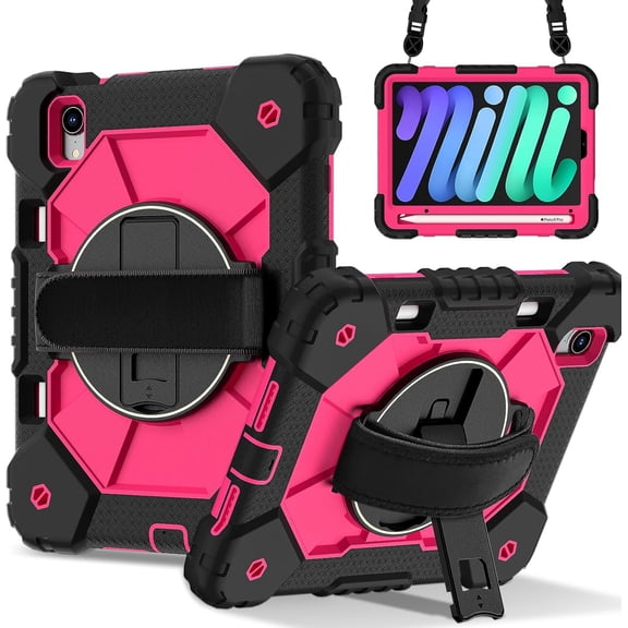 REQO for IPad Mini7 2024 Shockproof Protective Case : with Hand Strap Shoulder Strap Pen Holder and Kickstand.