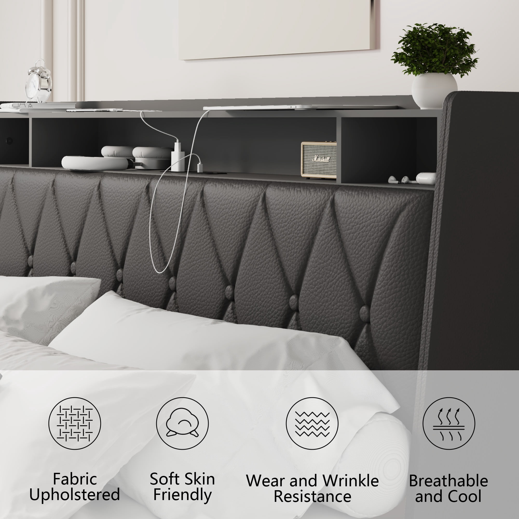Bellemave PU Leather Upholstered Bed Frame Full Size with 4 Storage Drawers Noise-reduced Full Size Bed Frame with Bookcase Headboard and Charging Station (Full, Black)