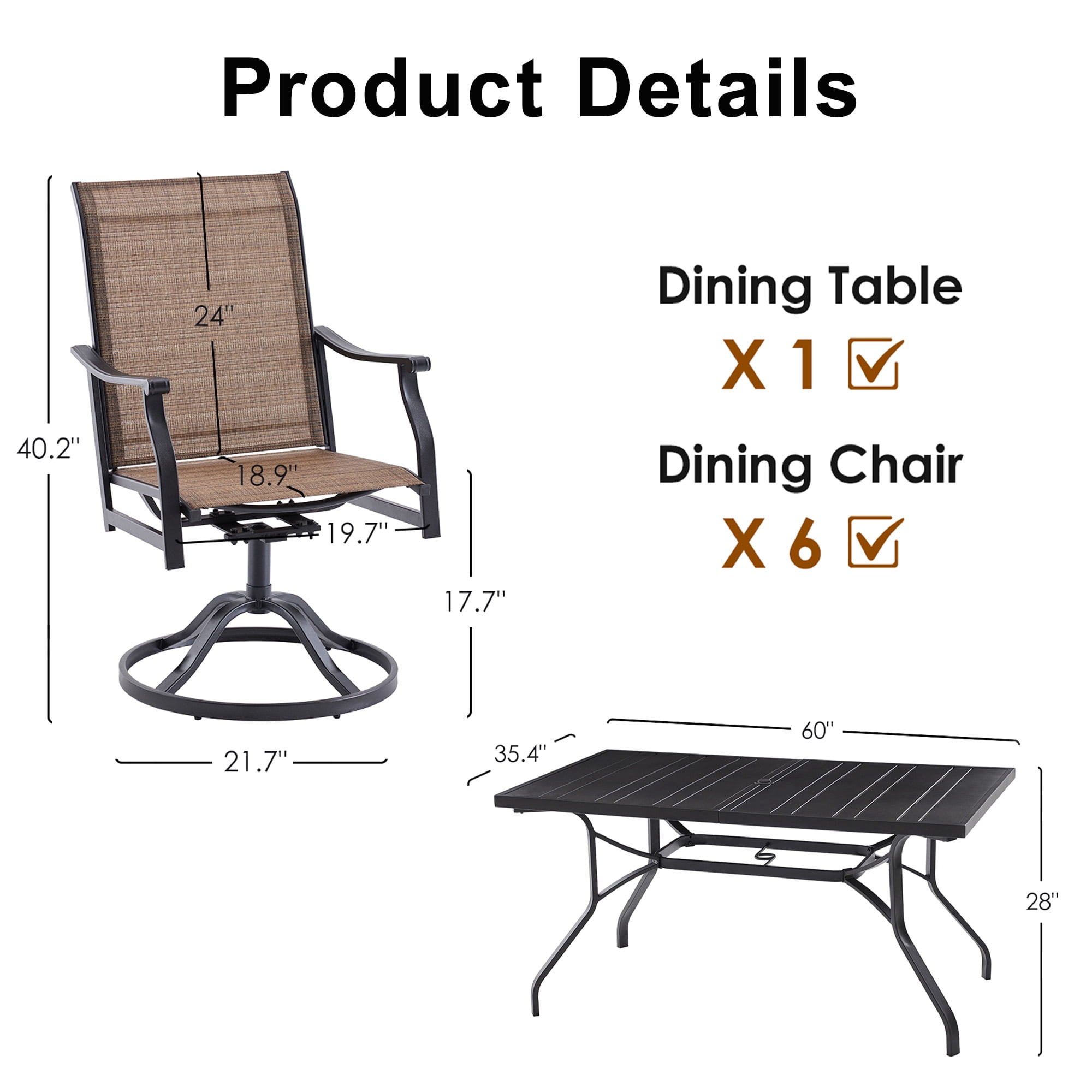 MAYEERTY 7-Piece Patio Dining Set:1 Black Rectangular Table with 1.57" Umbrella Hole & 6 Brown Swivel Textilene Chairs
