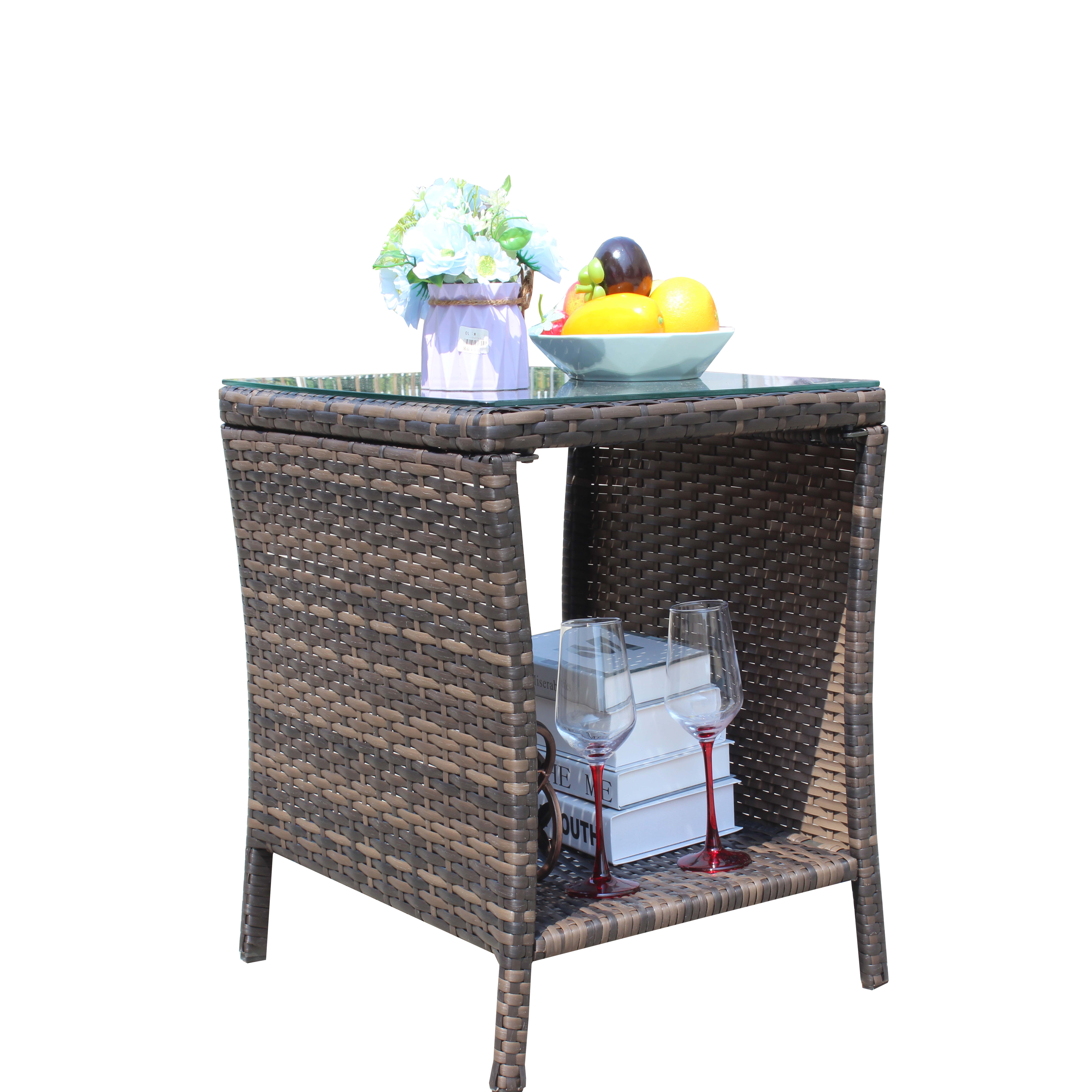 PE Rattan Outdoor Patio Coffee Table with 0.2 Inch Clear Tempered Glass Top, 19.25×19.25×21 Inch Steel Frame Side Table, 120LBS Weight Capacity UV & Water Resistant Garden Deck Table