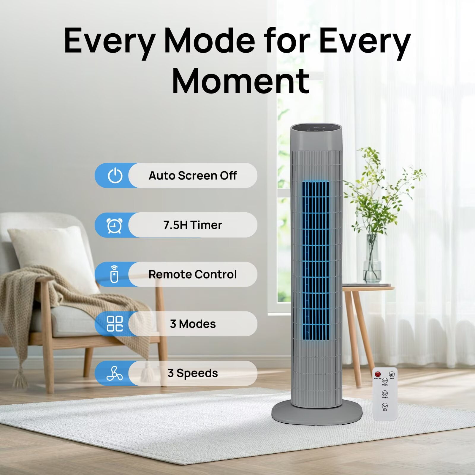 Tower Fan for Bedroom, 31" Oscillating Electric Fan with Remote, 3 Modes, Quiet Fan for Home, Office(Gray)