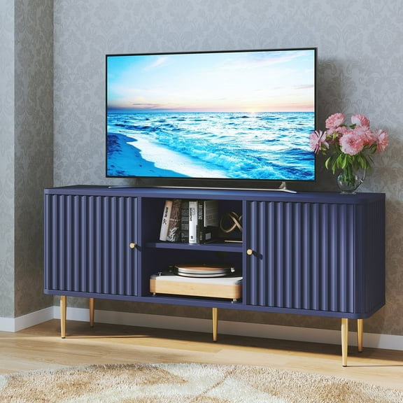 HLR Modern Fluted 55" TV Stand for 65 Inch TV with Storage, Entertainment Center for Living Room, Blue