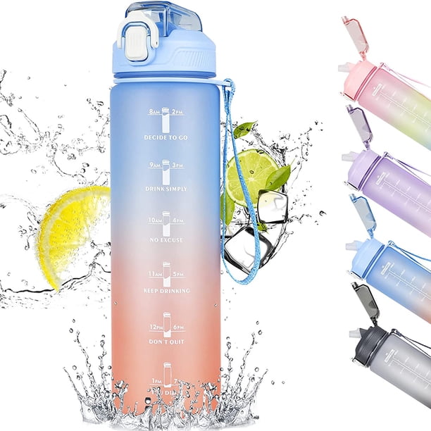 Botella de agua de 1 litro, botella con pajita y marcador de tiempo, botella deportiva a prueba de fugas con tapa sin BPA para deportes, gimnasio, oficina, camping, correr, degradado azul