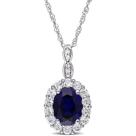 Tangelo 2-5/8 Carat T.G.W. Created Blue Sapphire, White Topaz and Diamond-Accent 14kt White Gold Vintage Oval Pendant, 17
