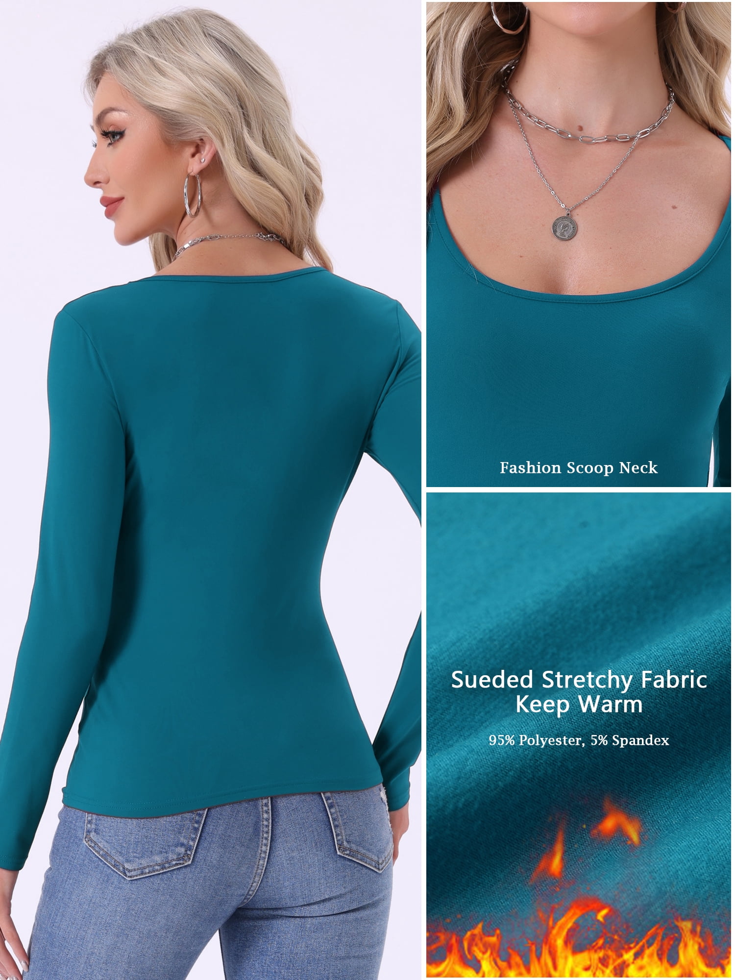 DARING DIVA Women's Scoop Neck Long Sleeve Slim Stretchy Thermal Tee M Lake Blue