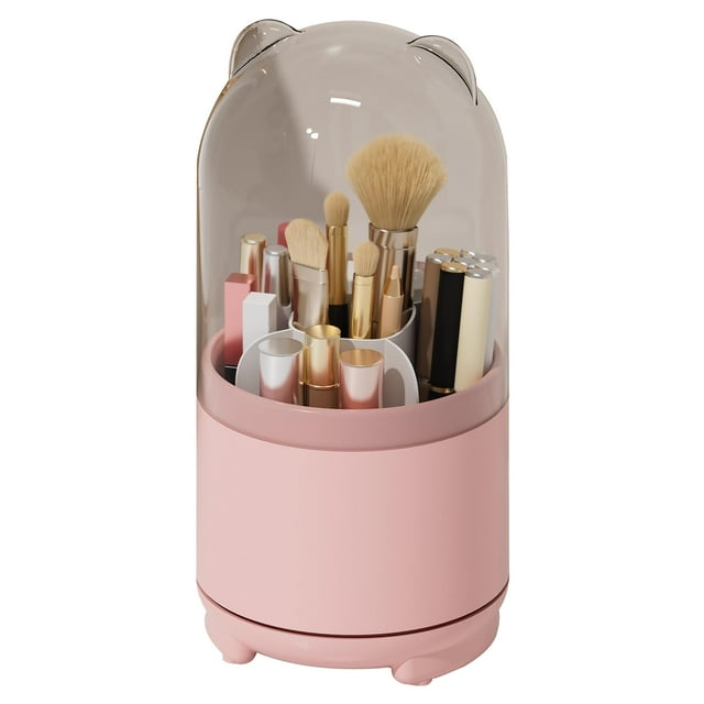 Organizador rosa para brochas de maquillaje con tapa, soporte giratorio 360 para arbustos de maquillaje, divisor central montable, 5 compartimentos (rosa)