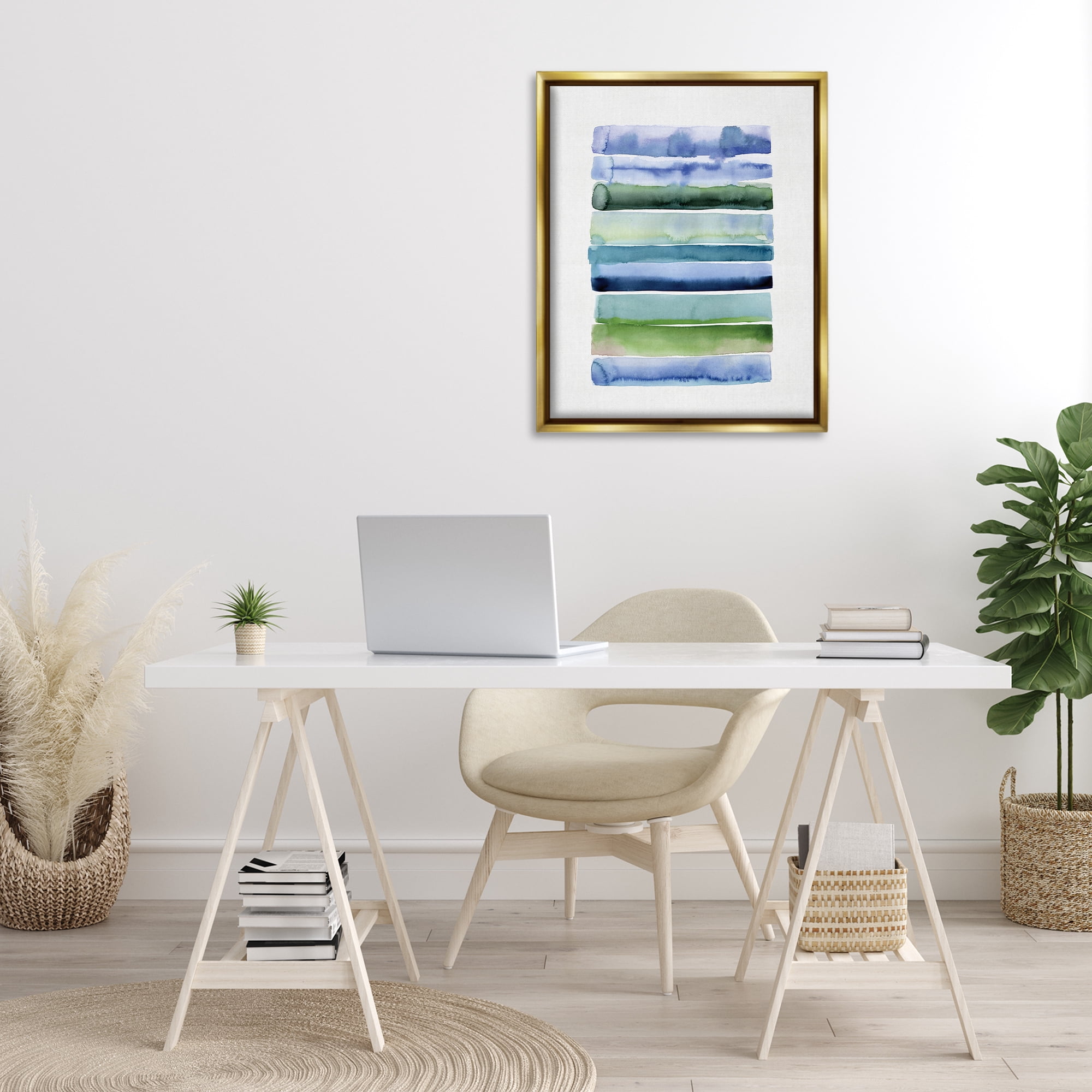 Stupell Industries Green & Blue Ombre Stripes Abstract Painting Gold Floater Framed Canvas Art Print Wall Art, 25 x 31