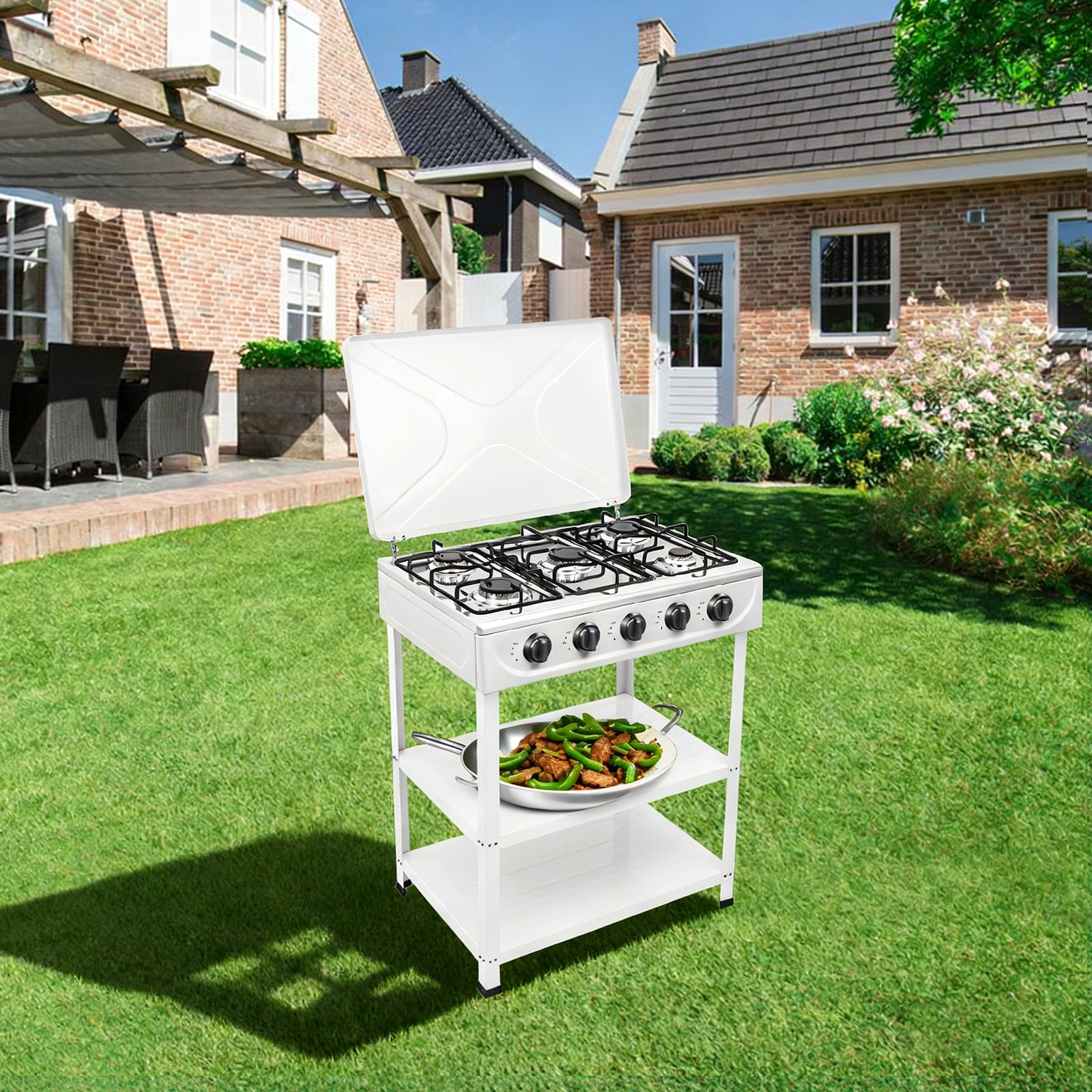 5 Burner Natural Gas Stove 2.5kw Portable Gas Stove Outdoor Camping Stove Outdoor Camping BBQ Stove with Placement Boards and Wind Blocking Cover for RV Manual Ignition