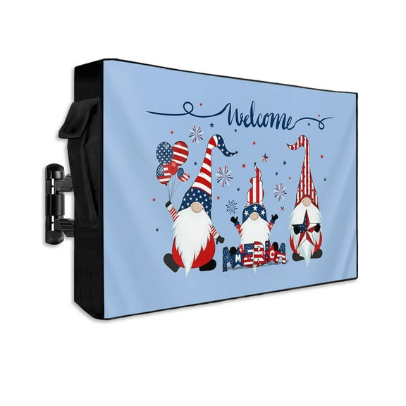 Independence Gnomes Celebration Flag Day Outdoor TV Cover 70 to 75 Inch Weatherproof, Welcome Blue Star 600D Oxford TV Covers with Waterproof Zipper, Outside Flat TV Screen Protector 68"Wx42"Hx4.5"D