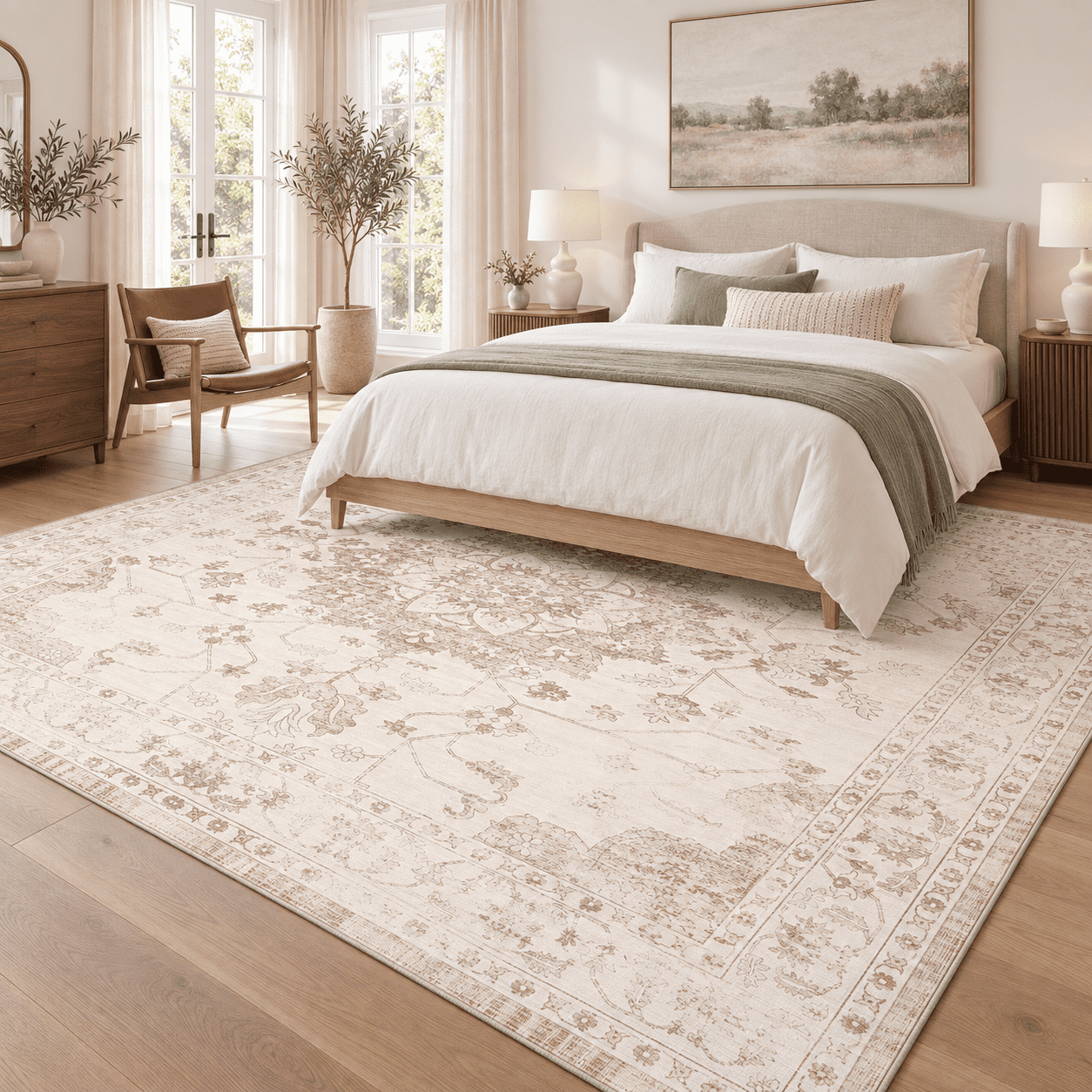 TrumanPick 9x12 Washable Rug, Vintage Distressed Medallion Rugs with Non-Slip & Stain Resistant, Large Beige Area Rug for Living Room Bedroom Dining Room