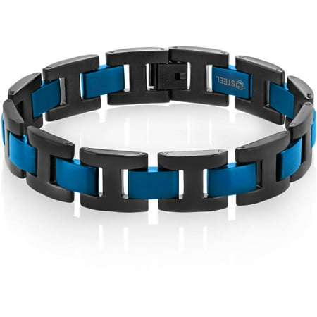 Crucible Black and Blue IP Dual-Finish Stainless Steel H Link Bracelet (15mm), 8.5