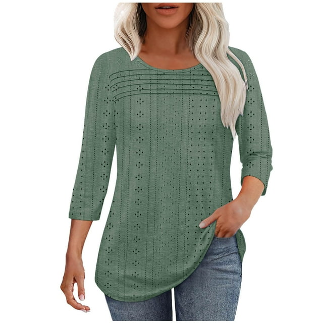 Plebaso Hauts à Manches 3/4 pour Femmes Col Rond Tunique Décontractée Légère Tee-Shirts Ajourés