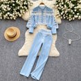 thumbnail image 1 of Conjunto de pantalones de dos piezas para mujer, Blusa de manga acampanada de retazos de encaje hueco a la moda, pantalones adelgazantes informales de cintura alta, otoño, 1 of 5