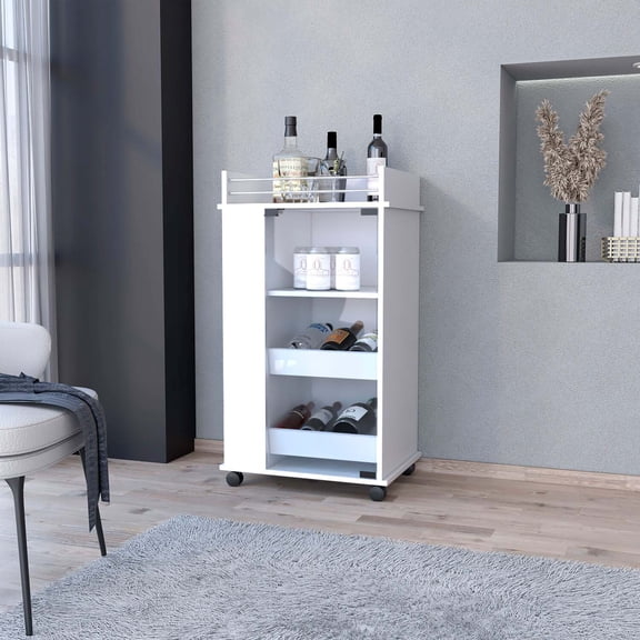 FM FURNITURE Lusk Bar Cart with 2-Bottle Holder Shelf, Glass Door and Casters
