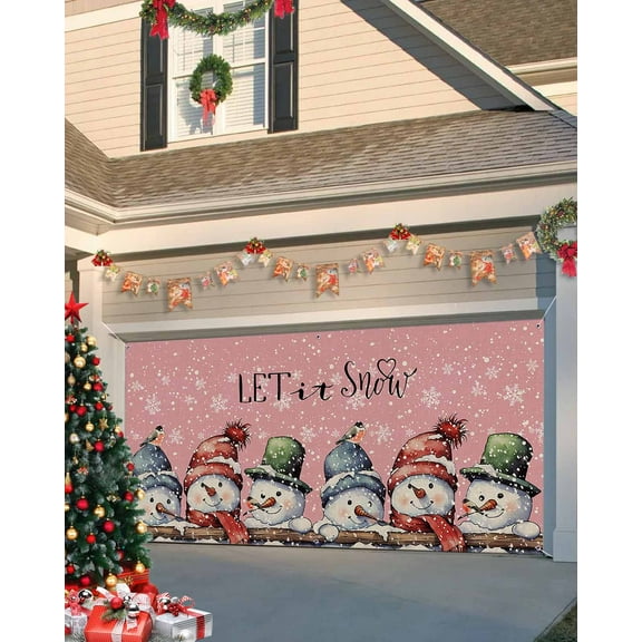 Garage Door Banner Cover 7 x 8 ft, Christmas Cute Snowman Pink Texture Christmas Garage Door Decorations Holiday Christmas Backdrop Decor for Winter New Year Xmas Party