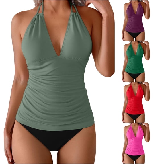 XIAONU Ruched Halter Tankini Top for Women Solid Summer Pool Swim Separates