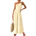 thumbnail image 3 of GEWSEY Women's Summer Straps One Shoulder High Waist Dressy Casual Wide Leg Linen Jumpsuit Romper Beach Travel Outfits (Beige, M), 3 of 3