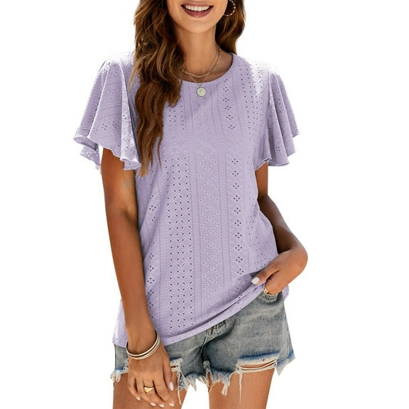 Purcoar Womens Ruffle Blouses Summer Shirts Short Sleeve Knit Tops