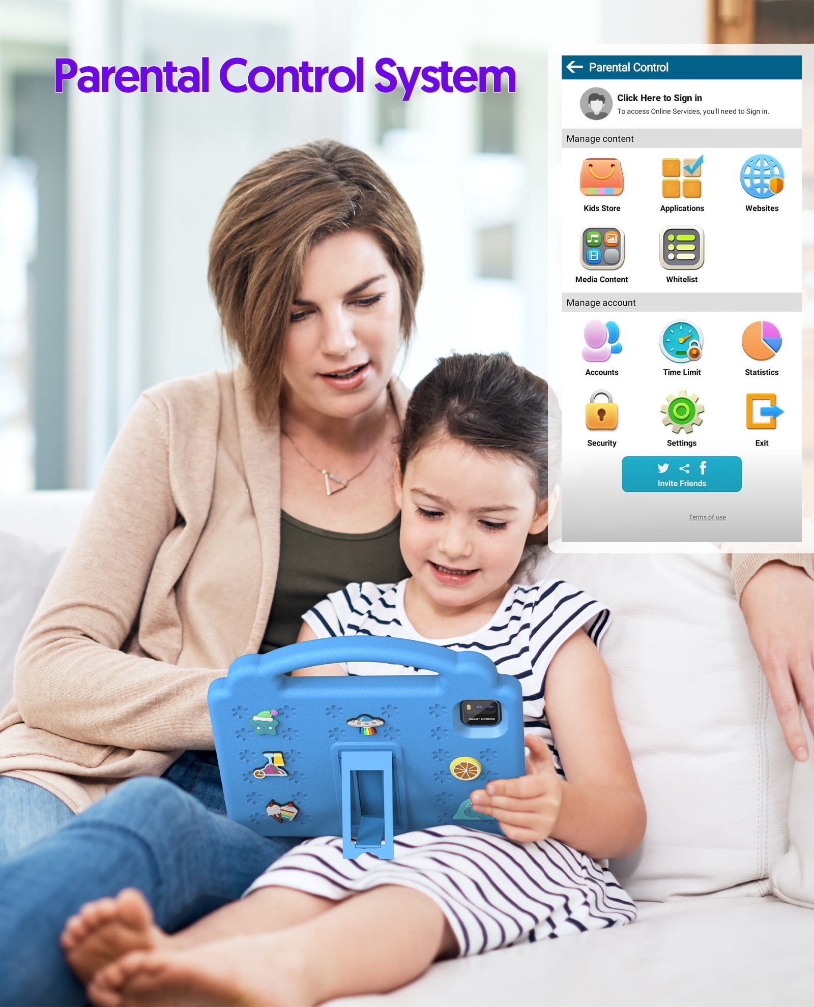 PUTECCH Kids 10 Tablet, Android 14 Tablet for Kids, Parental Control Pre-Installed Education Apps, 6GB RAM 64GB Storage, 6000mAh, WiFi 6, EVA Shockproof Case - Blue