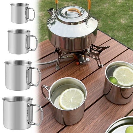 

4 Piece Stackable Camping Mug Stainless Steel Portable Cups with Folding Handle for Touring Trips Outdoor Camping Campfire Hiking Picnic Set 8.7oz 12.3oz 19.3oz 24.6oz