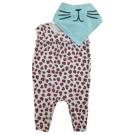 Infants Girls Red Blue Cat Leopard Print Romper Bodysuit & Bib Set Outfit 3-6M