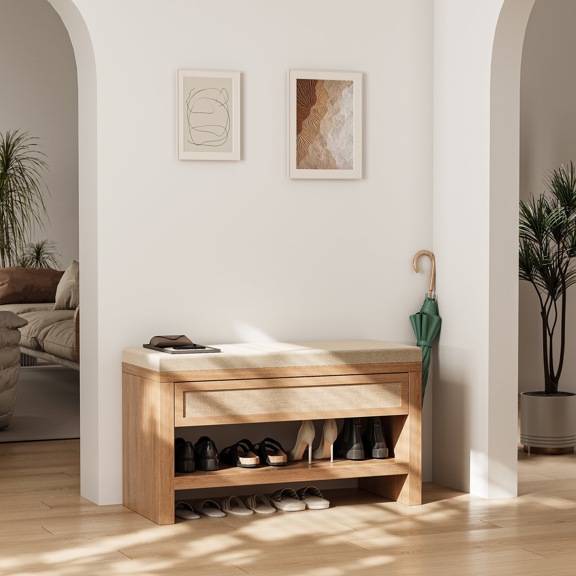 32" Shoe Bench With Storage Drawer, Farmhouse Entryway Bench With Seat Cushion & Shelf, Wooden Shoe Rack Organizer For Hallway, Living Room, Bedroom – Rustic Oak