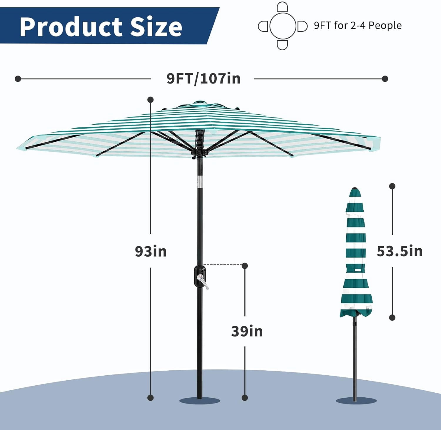10Ft Outdoor Patio Umbrella 8 Sturdy Ribs Outdoor Table Umbrella with Crank LiFt & Push Button Tilt UV Protection Waterproof Market Umbrellas for Pool Deck Yard, Turquoise & White Stripes