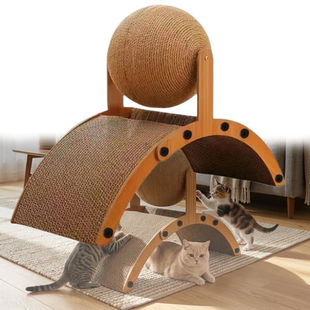 Cat Scratching Ball on Stand Sisal Rope Scratcher Pet Play Balls with Wooden Inclined Board Interactive Ferris Wheel Design for Indoor Cats Kittens to Stop Furniture Scratching