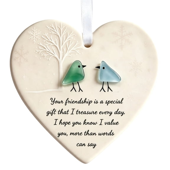 LOWLHOME Sea Glass Heart Ornament Friendship Gifts Heart Hanging Decor Friend Sister Gift Inspirational Keepsake Christmas Tree Hanging Ornament