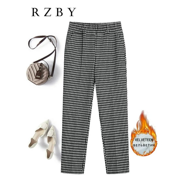 Pantalones Cargo gruesos a cuadros para mujer, Pantalones elásticos de cintura alta, moda coreana, elegantes, invierno, RZBY2235