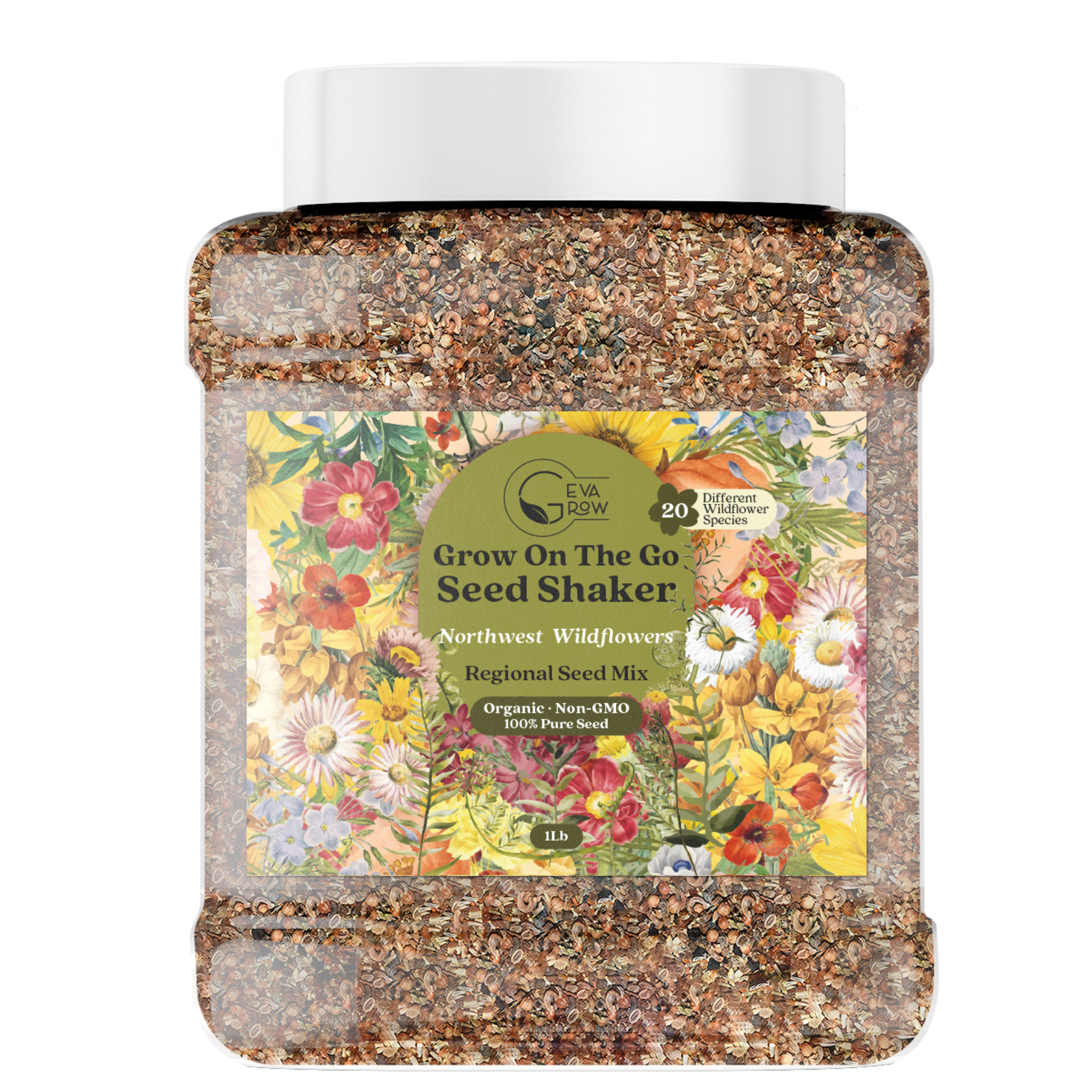 Geva Grow on the Go Seed Shaker Mini - Northwest Wildflower Seeds Regional Mix - Organic, Non-GMO - 100% Pure Seed - 20 Different Wildflowers Seeds of Annual and Perennial, 1LB
