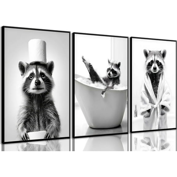 Cute Raccoon Bathroom Canvas Wall Art Funny Raccoon Prints Wall Decor Country Animal Pictures Fun Bathroom Modern Fun Bathroom Animal Painting Posters for Bathroom Toilet(Framed canvas)